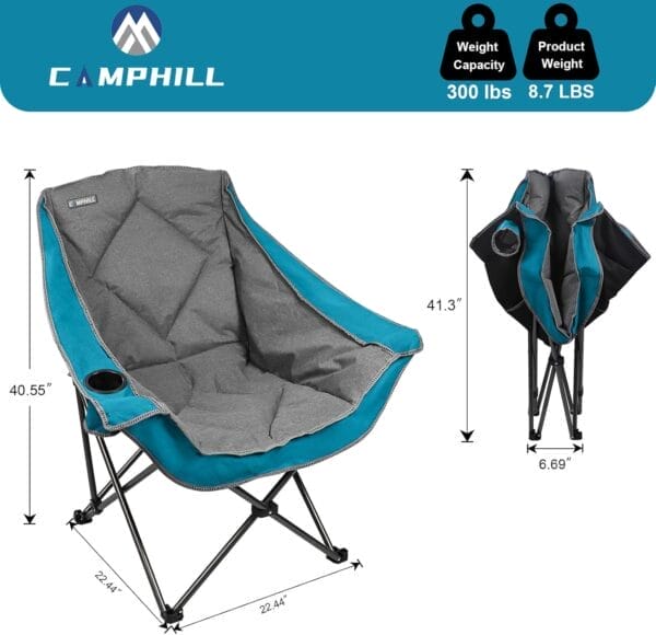 Folding Camping Chair,Oversized Portable Camping Chair with Cup Holder,Heavy Duty Padded Lawn Chair for Camping,Tailgates,Beach,and Sports,Lake Blue - Image 3