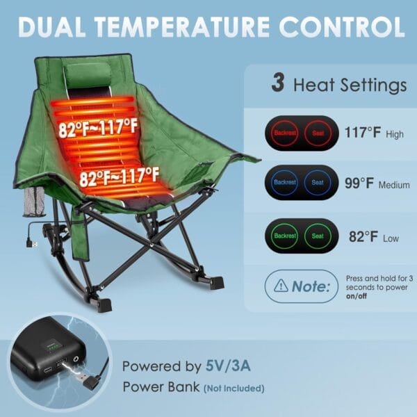 Suteck Heated Rocking Camping Chair, XL Oversized Rocking Chair Outdoor with 3 Heat Levels for Back and Seat, Heated Chairs Outdoor Sports for Patio Lawn Picnic Travel, Power Bank（Not Included） - Image 3