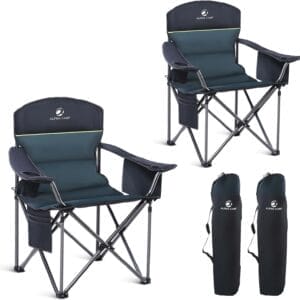 GREEN PARTY Folding Camping Chair Oversized Heavy Duty Lawn Chair with Cooler Bag, Cup Holder, Storage Pocket, Collapsible Padded Outdoor Arm Chair, Quad Lumbar