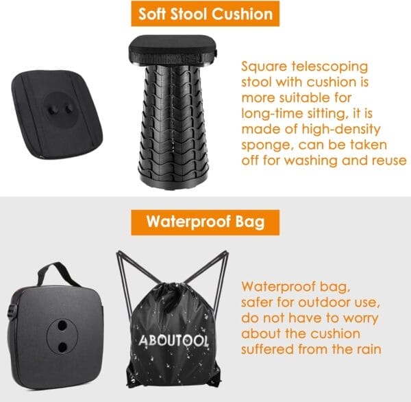 Folding Camping Stool - Square Collapsible Portable Seat with Elastic Cushion & Adjustable Nylon Bag, Sturdy Lightweight Telescoping Design, Max Load 485lb - Image 3