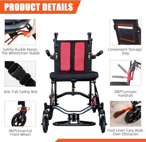 19LBS Lightweight Foldable Transport Wheelchair for Adults - Portable, Fold-Back Armrests, 8” Rear Wheels, Aluminum Frame, Ideal for Seniors & Travel - Image 4