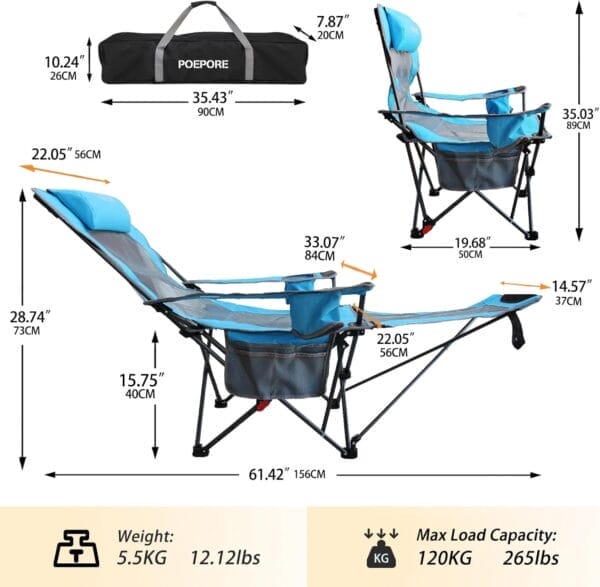 Reclining Camping Chair with Removable Footrest Lounge Chair with Headrest, Cotton Cushion, Portable Adjustable Folding Chairs for Adults Blue - Image 3