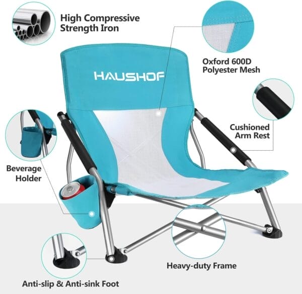 HAUSHOF Low Beach Chair, Mesh Back Folding Chair, Lightweight Low Seat Camping Chairs with Cup Holder, Carry Bag, Padded Armrest, for Outdoor Beach Lawn Camping Picnic Festival - Image 5