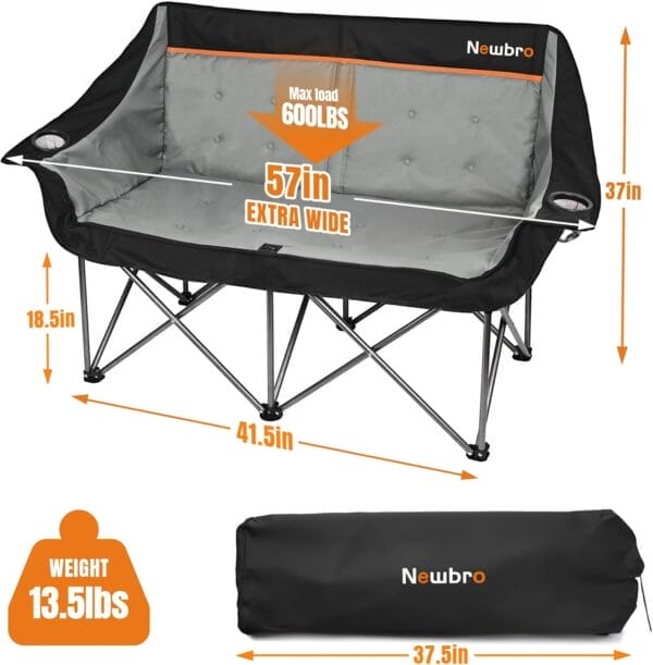 Oversized Double Camping Chair for Adults, Fully Padded Folding Camping Chairs Loveseat, Big Heavy Duty Outdoor Patio Lawn Chair with Arm Cup Holder - Image 2