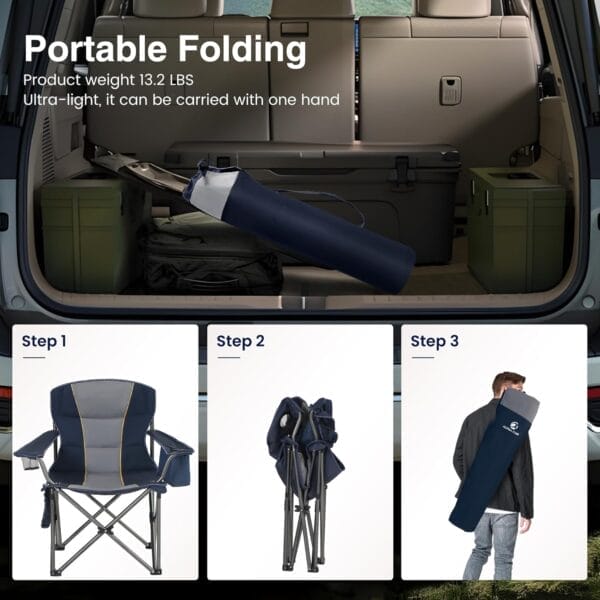Oversized Portable Camping Folding Chair, Heavy Duty Foldable Outdoor Chair, Camp Chair with Cup Holder and Cooler Bag for Camp, Travel, Support 450 LBS, 2 Pack(Blue)… - Image 7