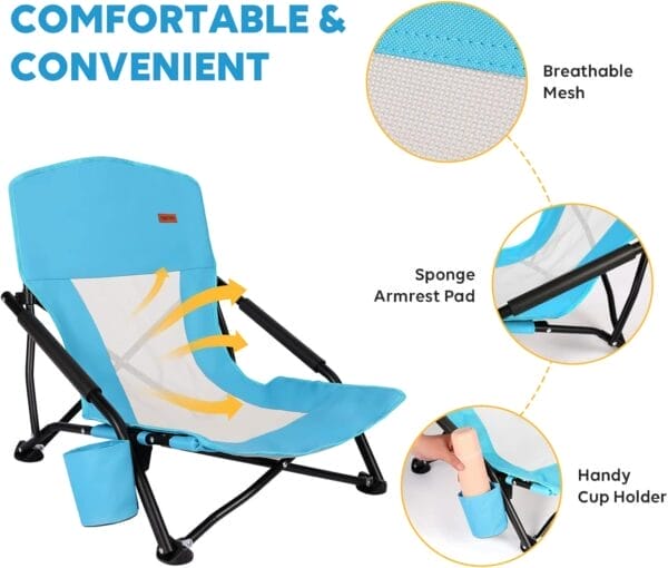 TOBTOS Low Beach Chair, Beach Chairs for Adults 2 Pack, Low Profile Folding with Cup Holder & Carry Bag, Heavy Duty Chair for Outdoor Sand, Camping, Concert, Travel - Image 5