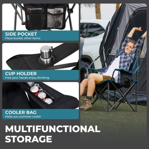 FUNDANGO Oversize Fold Camping Chair for Adults 2 Pack, 550 Lbs Portable Beach Fishing Lawn Chair with Cushion seat & Back, 4-can Cooler & Cup Holder, Carry Bag Included for Outdoor (2 Pack/Black) - Image 5