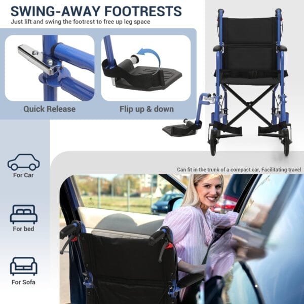 monicare Lightweight Wheelchair 16 inch Seat Ultralight Transport Chair with Locking Hand Brakes and Swing-Away Foot Rests Foldable Wheel Chair for Adults, 250 lbs Capacity, Blue - Image 6
