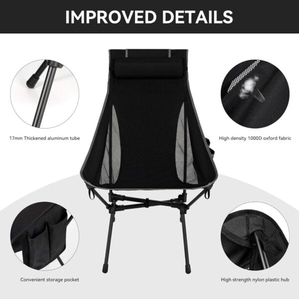 Portable High Back Camping Chair, Support Heavy Duty 440 lbs, Compact Folding Backpacking Chair with Detachable Pillow for Camp, Hiking, Backpacking(Black) - Image 6