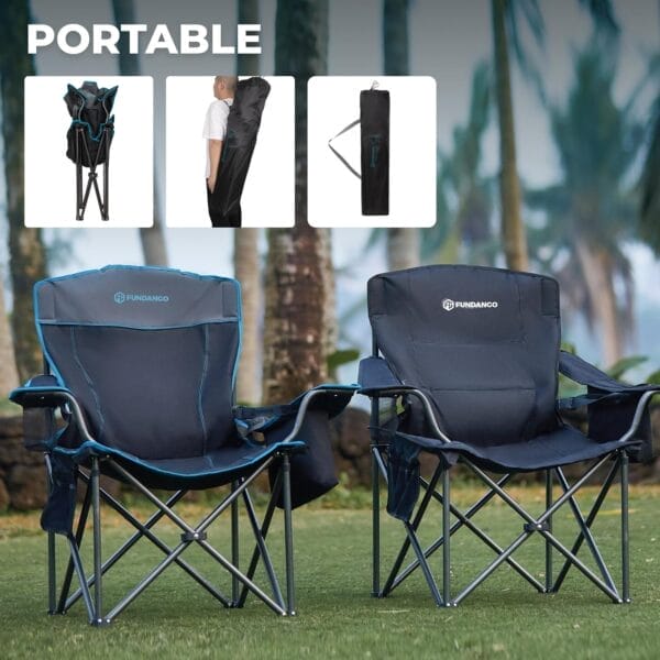 FUNDANGO Oversized Camping Chair for Adults, 550 Lbs Portable Folding Beach Fishing Lawn Chair with Cushion seat & Back, 4-can Cooler&Cup Holder, Carry Bag Included for Outdoor (Black/Grey) - Image 6