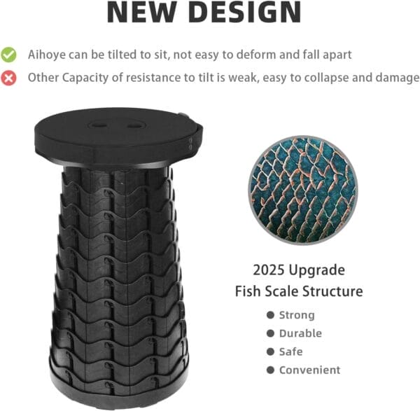 Aihoye Portable Collapsible Stool， Folding Telescoping Stool with Load Capacity 400lbs，Portable Collapsible Stool for Adults，Portable Collapsible Chair for Camping Fishing Hiking Travel BBQ(Black) - Image 3