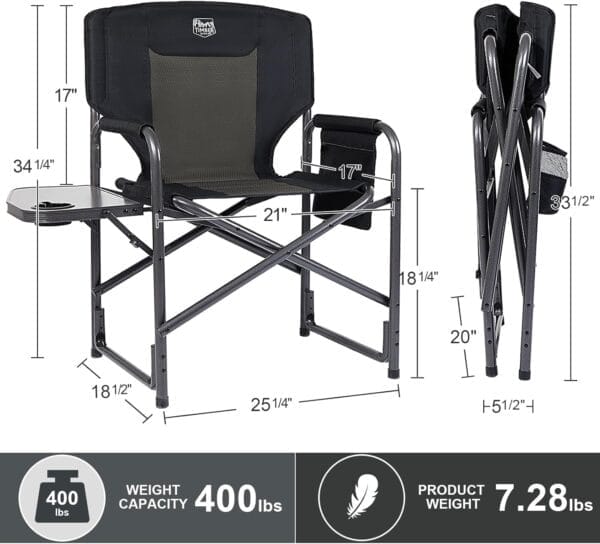 TIMBER RIDGE Aluminum Oversized Camping Chair, Lightweight Portable Directors Chair with Side Table Detachable Side Pocket for Outdoor Camping, Lawn, Picnic, Support 400lbs Black - Image 3