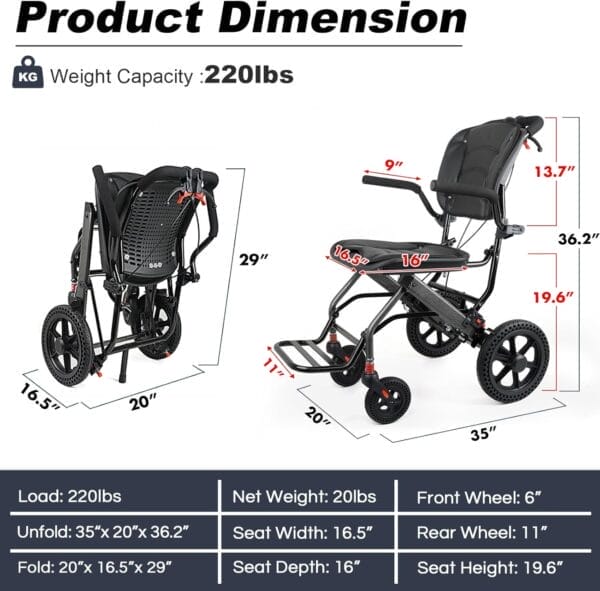 Transport Wheelchairs for Adults, Lightweight Transport Wheelchair, Trolleys for Elderly Aircraft Travel, Folding Compact Travel Wheelchair, 16.5" Wide Seat, User Friendly (Deluxe Ergonomic) - Image 5