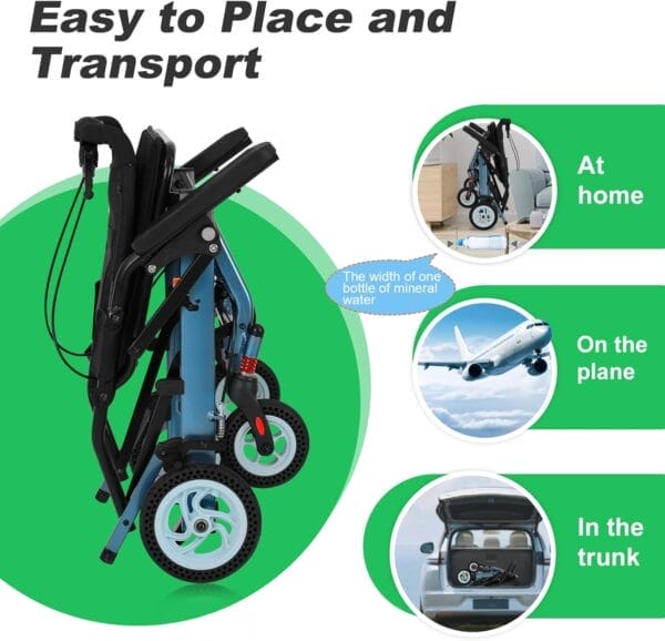 Ultra Lightweight Wheelchairs for Adults 20lbs - Foldable Transport Chair with 8" Honeycomb Tires & Detachable Cushion, 220lbs Capacity - Elderly Wheelchair for Travel, Hospital, Home Use (Blue) - Image 8
