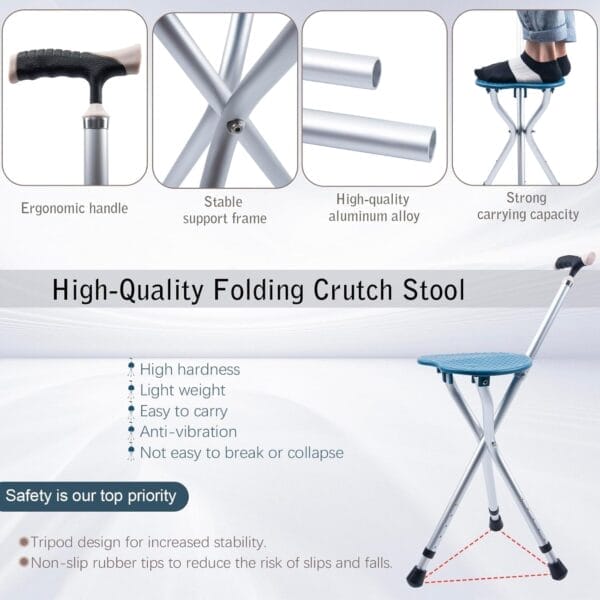 Walking cane with seat cane chair foldable walking stick with seat, adjustable cane stool for seniors elderly, lightweight aluminum, easy carry (blue) - image 7
