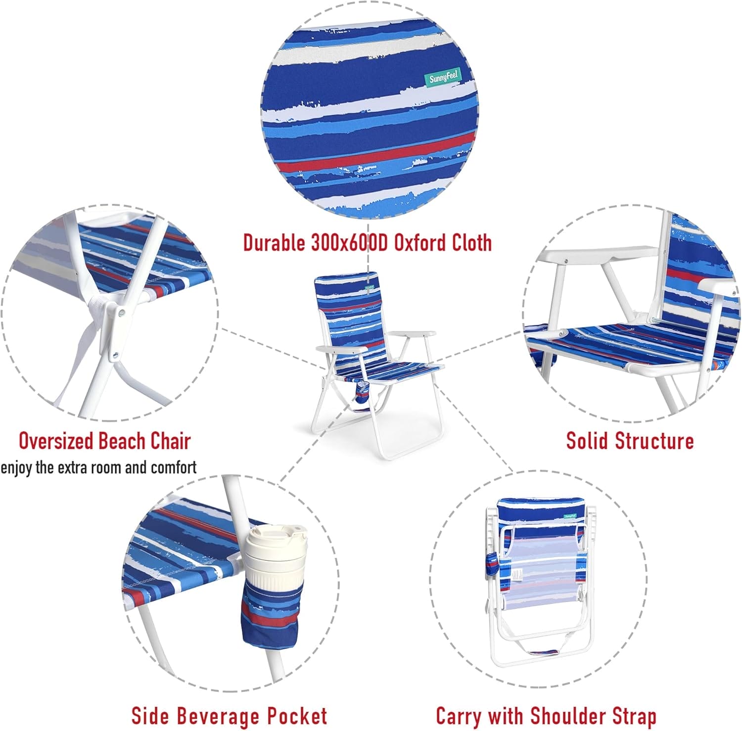 SunnyFeel 15" Tall Folding Beach Chair for Adults 2 Pack, Oversized Portable High Seat Sand Chair Heavy Duty 300 LBS, Foldable Camping Lawn Chairs for Camp/Outdoor/Travel/Picnic/Concert/Sports - Image 6