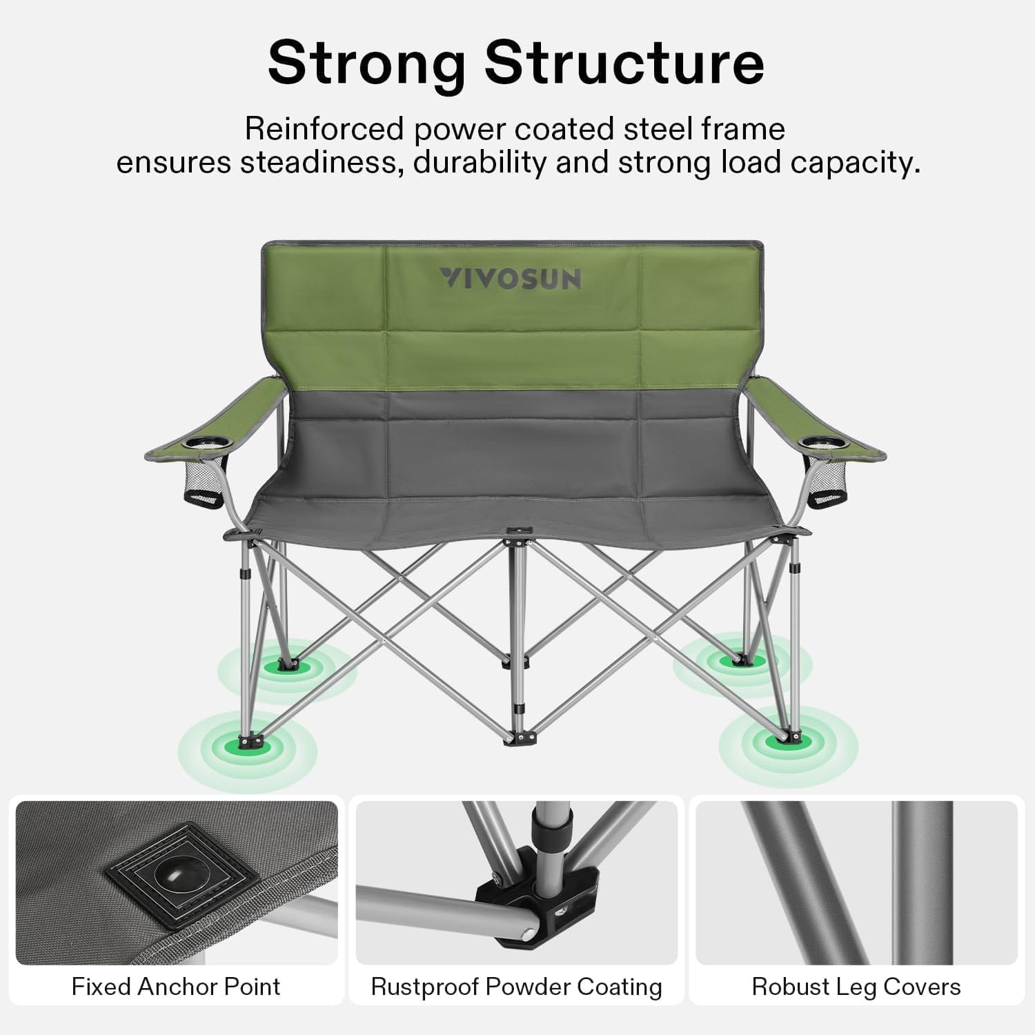 VIVOSUN Double Camping Chair, Fully Padded Folding Loveseat, Portable Oversized Duo Chair with Storage Cup Holders, Height-Adjustable Armrests & Carry Bag, Supports up to 500lbs, Green & Grey - Image 5