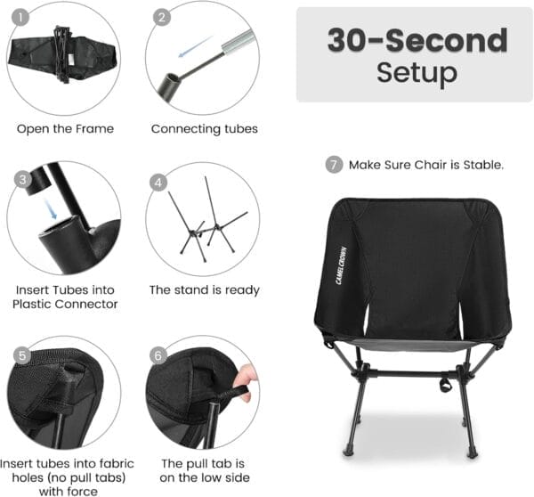 CAMEL CROWN Portable Camping Chair Folding Compact Lawn Lightweight Backpacking Chair with Carry Bag for Outdoor Hiking Beach Travel Picnic Festival Black - Image 6