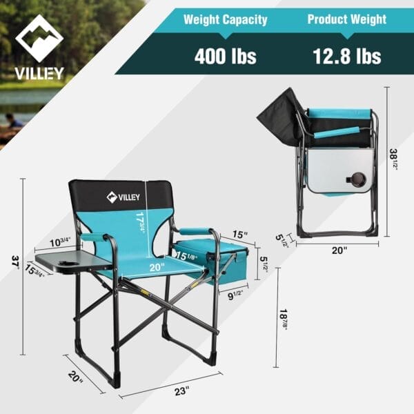 VILLEY Heavy Duty Directors Chair, Folding Camping Chairs, with Cooler Bag Portable Foldable Chair, for Camp Tailgating Lawn Picnic Fishing Beach, Supports 400 LBS, Blue - Image 3