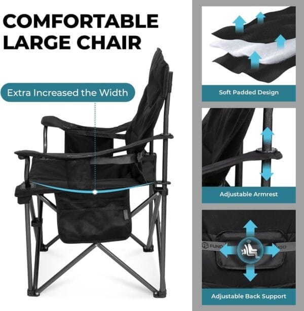 FUNDANGO Oversize Fold Camping Chair for Adults 2 Pack, 550 Lbs Portable Beach Fishing Lawn Chair with Cushion seat & Back, 4-can Cooler & Cup Holder, Carry Bag Included for Outdoor (2 Pack/Black) - Image 4