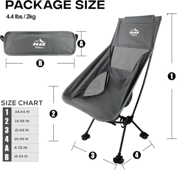 Peak Outdoors Backpacking Chair Lightweight Camping Chair – High Back Ultralight Folding Camp Chair with Storage Bag, Compact Portable Tall Hiking Chair and Beach Chair (Grey) - Image 2