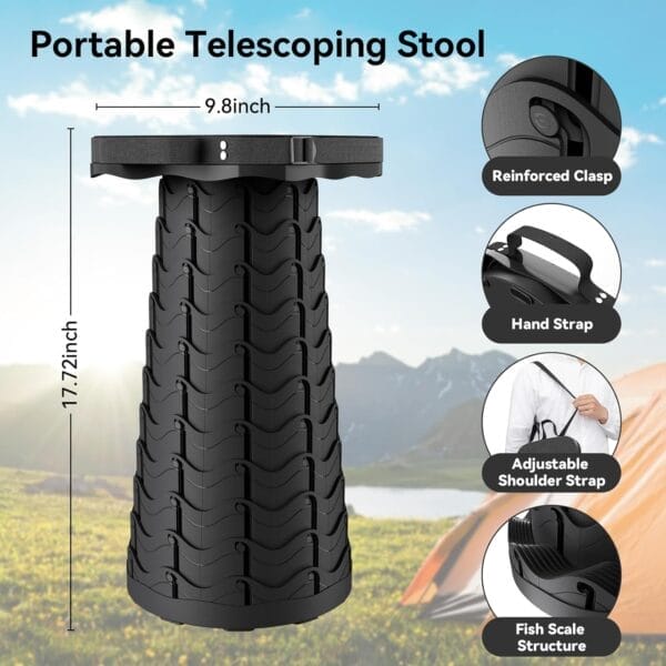 2025 Upgraded Portable Folding Stool, Collapsible Stool, Telescoping Camping Stool with Max Load Capacity 485lbs, Square Retractable Seat for Camping Gardening Fishing Hiking BBQ[Black] - Image 2