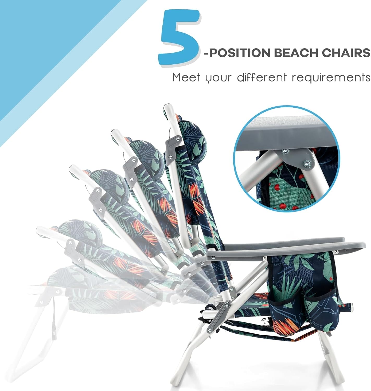 Goplus Beach Chair, Folding Backpack Beach Chairs for Adults with 5 Positions, Head Pillow, Cooler Bag, Towel Bar, Cup Holders, Sunbath Sling Tanning Lounge, Foldable Layout Camping Chairs - Image 5