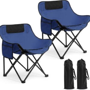 2 Pack Compact Camping Chairs Portable Folding for Outside with Carry Bag Lightweight Moon Chairs for Travel Picnic Hiking Beach Fishing, 600D Oxford, Supports 330lbs(Blue)