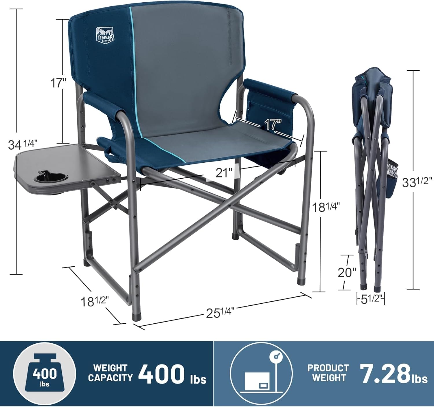 TIMBER RIDGE Aluminum Oversized Camping Chair, Lightweight Portable Directors Chair with Side Table Detachable Side Pocket for Outdoor Camping, Lawn, Picnic, Support 400lbs Blue - Image 3