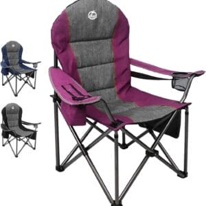 Oversized Portable Camping Chair, Full Padded Outdoor Folding Chair Support 350 LBS, Heavy Duty Lawn Chair with Cup Holder, Cooler Bag, Lumbar Support, Head Pocket for Adult (Purple)