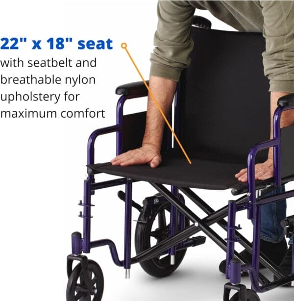 Medline Heavy Duty Transport Chair supports up to 500 lbs., Bariatric Transport Wheelchair, 22" x 18" seat, Blue Frame - Image 3
