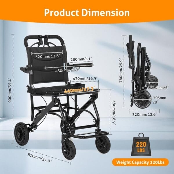 WICHEMI 17.4lbs Ultra-Lightweight Transport Wheelchairs for Adults,220lbs Capacity,17.3" Seat,Portable, Folding, Collapsible,Narrow Transfer Wheel Chair with Carrying Bag - Image 2