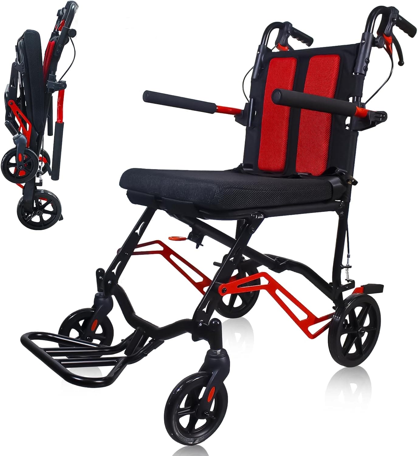 19LBS Lightweight Foldable Transport Wheelchair for Adults - Portable, Fold-Back Armrests, 8” Rear Wheels, Aluminum Frame, Ideal for Seniors & Travel