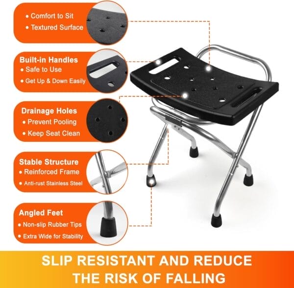 Folding Shower Seat, Stainless Eligible Shower Chair for Inside Shower, 400lbs Portable Travel Shower Stool, Safety Anti-Slip Bath Chair for Seniors, Disabled(Black) - Image 5