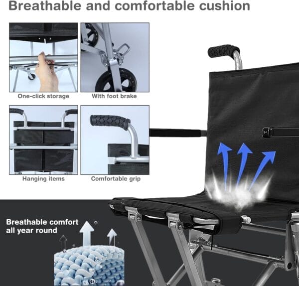Transport Wheelchair Lightweight Foldable,Wheel Chair for Adults, with Foldable Handle,Airplane Cabin use,13.3lbs Portable Folding Travel Transfer Wheel Chairs for Seniors - Image 6