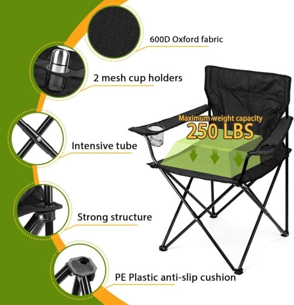 HaSteeL Folding Camping Chair Set of 3, Foldable Black Camp Chairs & Grey Table, Large Lawn Chair Portable for Adults Hiking, Fishing, Picnic, Outdoor BBQ, Travel, Sports, Cup Holders & Storage Bags - Image 3
