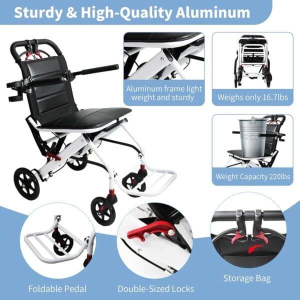 Lightweight Transport Wheelchair with Telescopic Handle, Folding Travel Wheelchairs for Adults Seniors Kids, Portable Padded Transport Chair with Travel Bag, Support 200lbs - Image 5