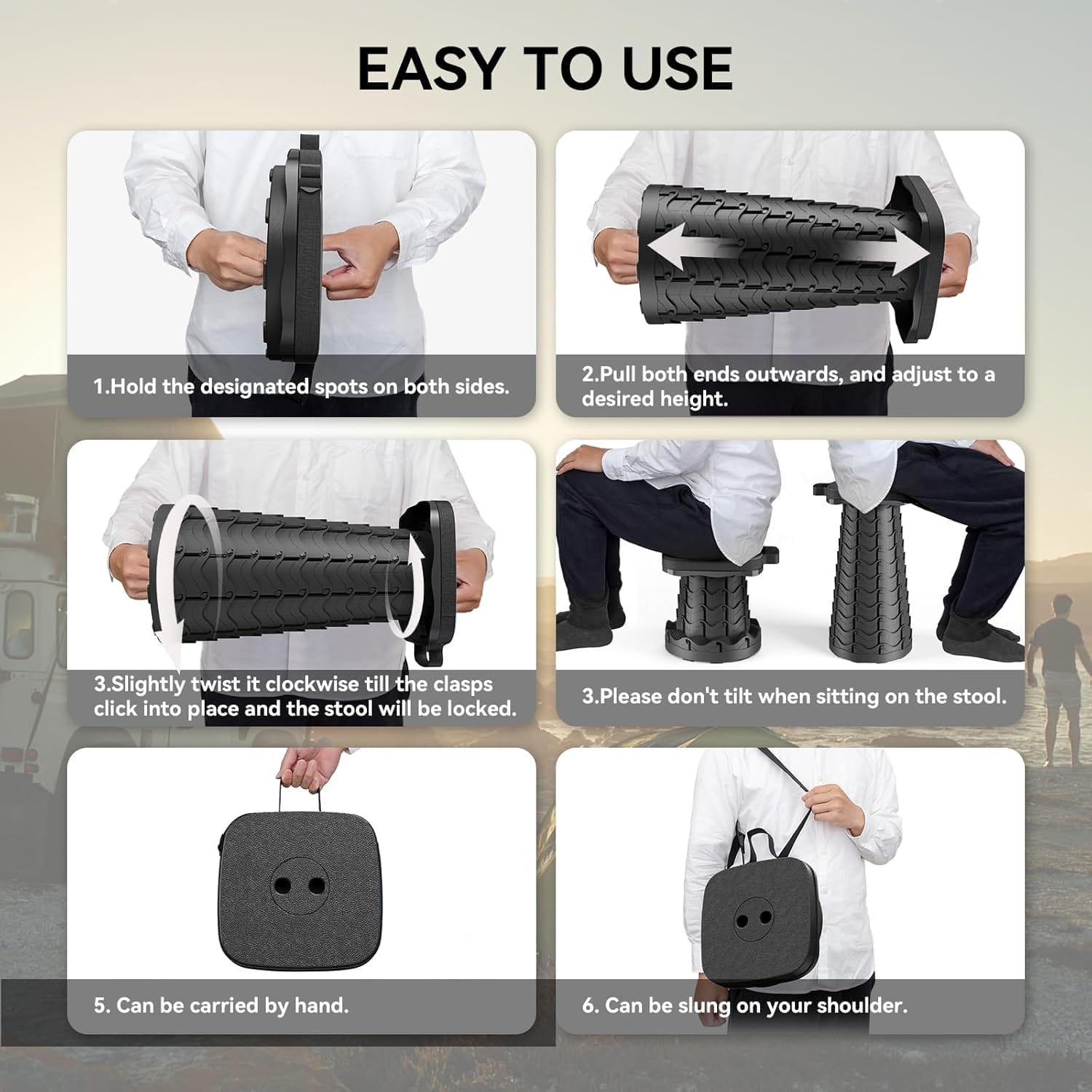 2025 Upgraded Portable Folding Stool, Collapsible Stool, Telescoping Camping Stool with Max Load Capacity 485lbs, Square Retractable Seat for Camping Gardening Fishing Hiking BBQ[Black] - Image 6