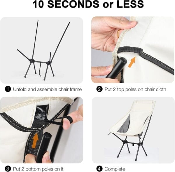 Folding Camping Chairs Men Women, High Back Beach Camping Chairs for Adults, Lightweight Backpacking Travel Chair for Hiking Outside Picnic, White - Image 4