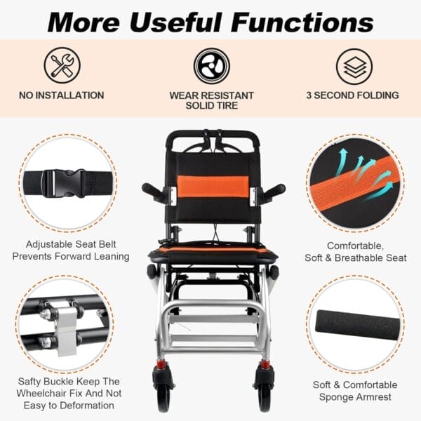 World's Lightest (Only 16lbs) Portable Transit Travel Wheelchair, Folding Transport Wheelchairs for Adults and Seniors Support 220lbs, Lightweight Aluminum Wheelchair for Elderly - Image 7