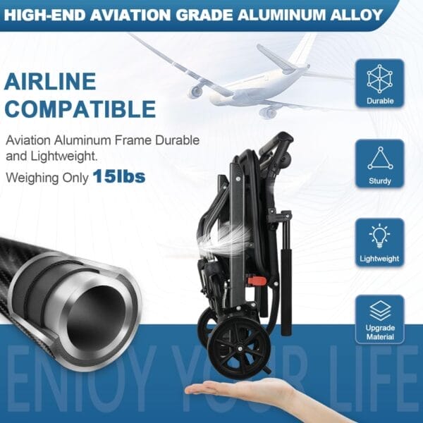 Ultra-Light Transport Wheelchair (only 15lb), Folding Portable Wheelchair with Hand Brake, Trolleys for Elderly Aircraft Travel, Wheelchairs for Adults (with Bag) (with Telescopic Handle) - Image 4