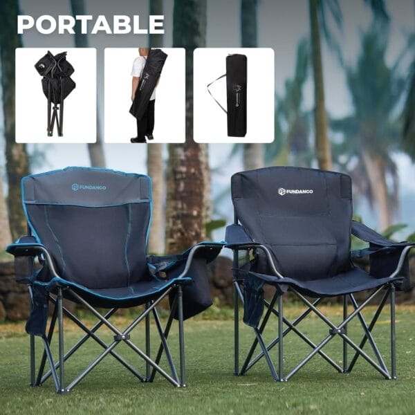FUNDANGO Oversize Fold Camping Chair for Adults 2 Pack, 550 Lbs Portable Beach Fishing Lawn Chair with Cushion seat & Back, 4-can Cooler & Cup Holder, Carry Bag Included for Outdoor (2 Pack/Black) - Image 7