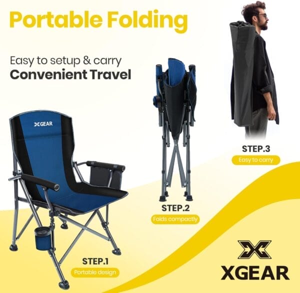 XGEAR Portable Camping Chairs for Adults with Padded Hard Armrest, Sturdy Folding Camping Chair with Cup Holder, Storage Pockets Carry Bag Included, Support to 300 lbs(Blue) - Image 8