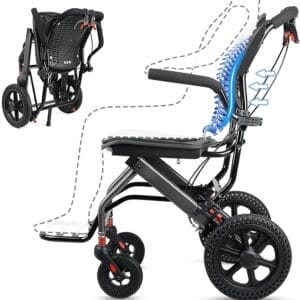 Transport Wheelchairs for Adults, Lightweight Transport Wheelchair, Trolleys for Elderly Aircraft Travel, Folding Compact Travel Wheelchair, 16.5" Wide Seat, User Friendly (Deluxe Ergonomic)