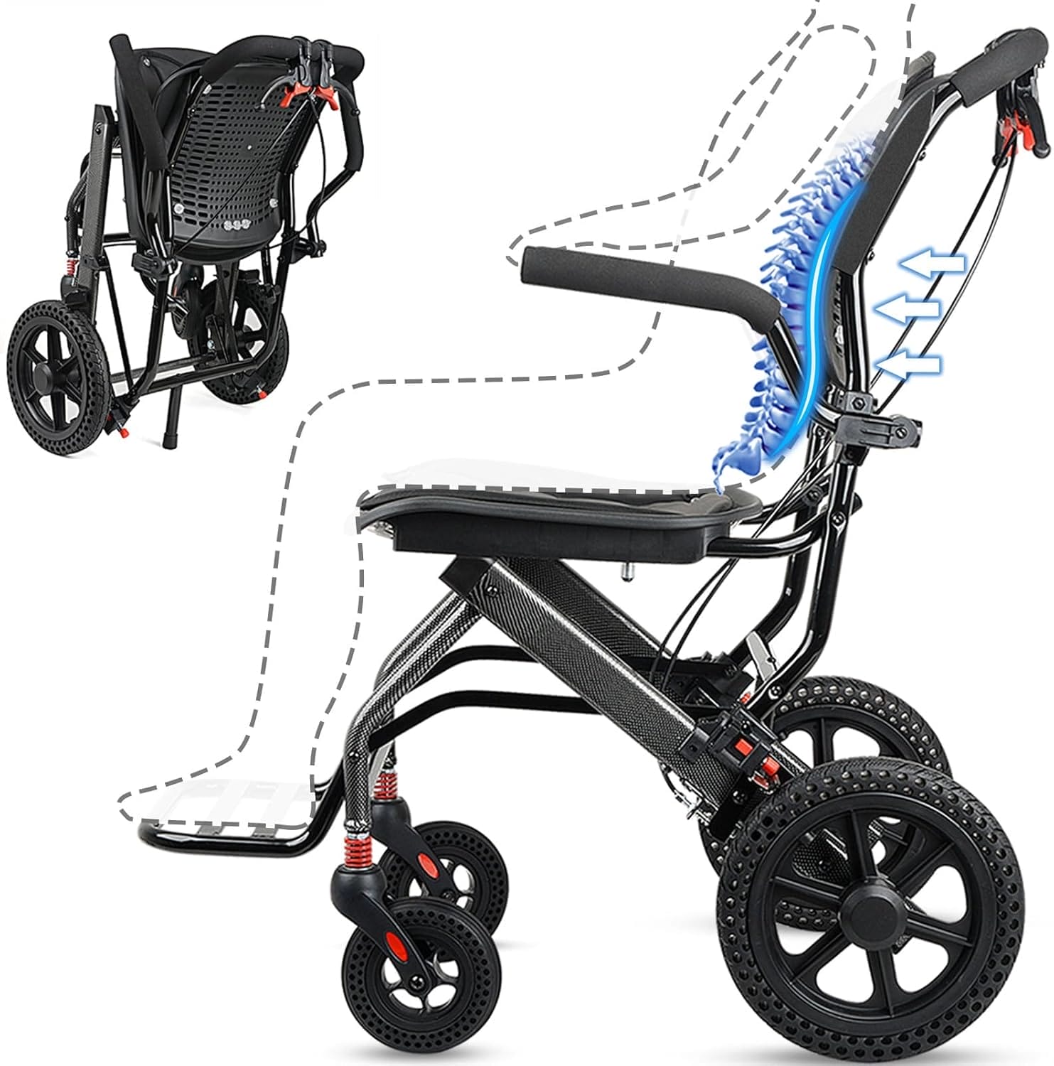 Transport Wheelchairs for Adults, Lightweight Transport Wheelchair, Trolleys for Elderly Aircraft Travel, Folding Compact Travel Wheelchair, 16.5" Wide Seat, User Friendly (Deluxe Ergonomic)