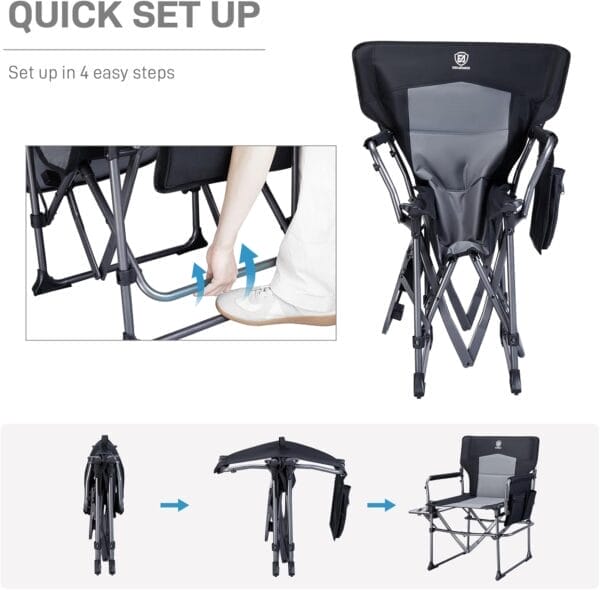 EVER ADVANCED Camping Directors' Chair with Side Table, Portable Folding with Compact Size, Heavy Duty Lawn Chair with Pocket for Camping, Lawn, Sports and Fishing, 400lbs, Black - Image 7