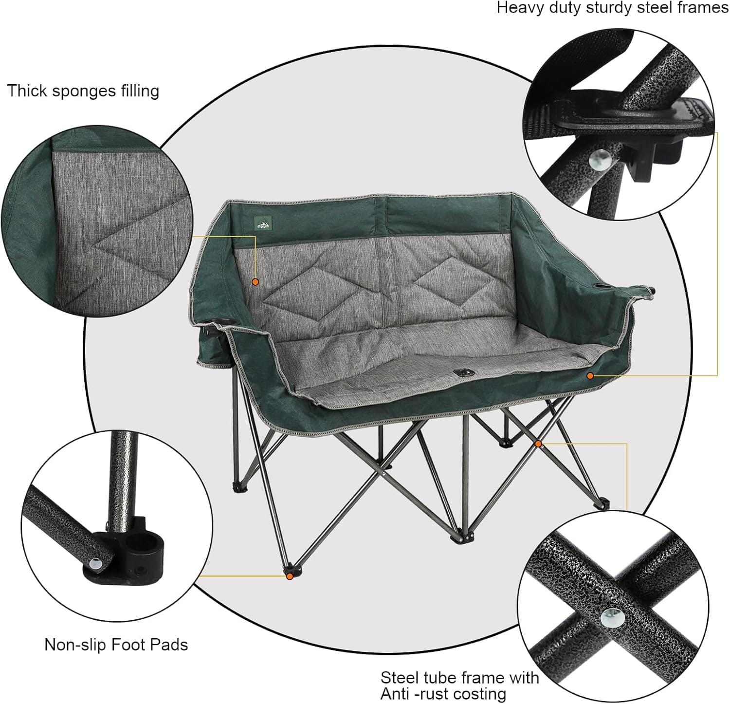Folding Loveseat Camping Chair Portable Double Duo Full Padded Garden Chair for 2 Person Sofa w/ 2 Cup Holder,Wine Glass Holder,Mesh Storage,Support 600lbs for Picnic Beach Travel - Image 6