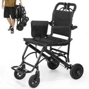 WICHEMI 17.4lbs Ultra-Lightweight Transport Wheelchairs for Adults,220lbs Capacity,17.3" Seat,Portable, Folding, Collapsible,Narrow Transfer Wheel Chair with Carrying Bag
