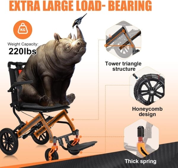 20LBS Lightweight Foldable Transport Wheelchair for Adults - Carbon Fiber Coating, 10” Honeycomb Wheels, 220LBS Capacity, Pull Rod, 16.2” Seat, Portable for Travel & Daily Use - Image 4