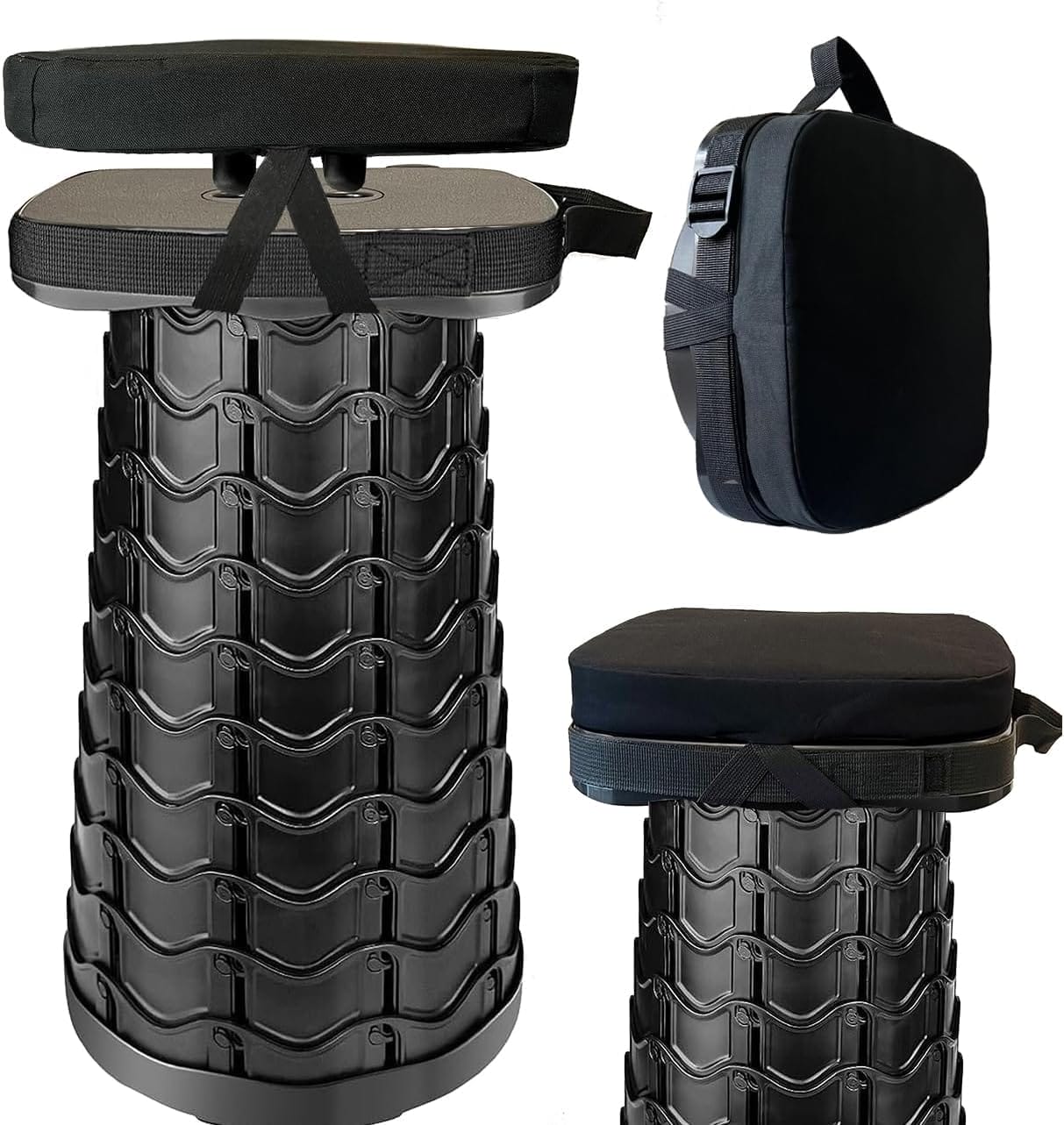 Portable Foldable Stool Set - Heavy Duty Square Collapsible Stool + Thick Seat Cushion - Great Value Pack for Camping Travel Picnic Gardening (Black)